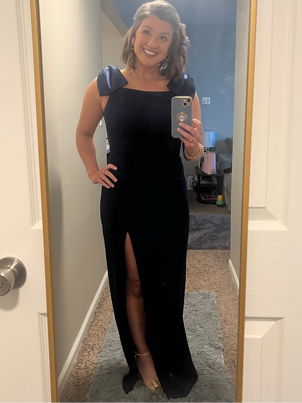 Adrianna Papell Navy Gown with Shoulder Bows and Thigh Slit